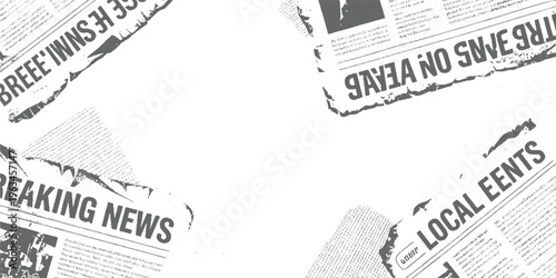 Torn newspaper pages with headlines breaking news and local events in grayscale