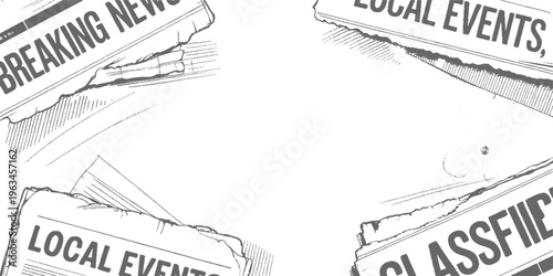 Torn newspaper fragments with headlines b r e a k i n g n e w s l o c a l e v e n t s c l a s i f i e d