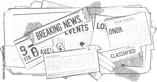 Pile of torn newspapers with headlines and text in a sketchy black and white style breaking events classified