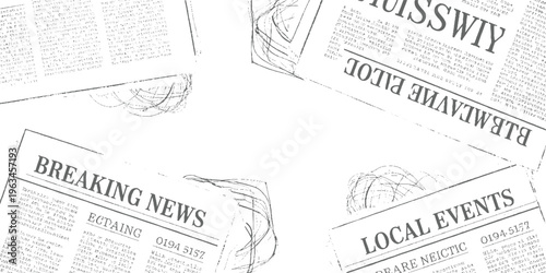 Overlapping newspaper pages with headlines breaking news and local events in grayscale text print
