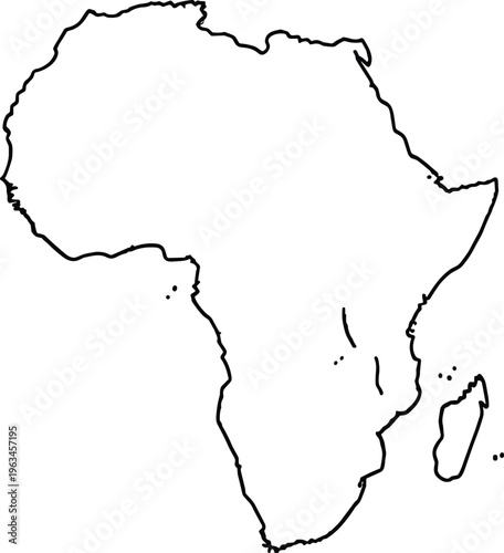 Black outline map of Africa continent with islands, geographic boundary illustration, minimal design element for education and travel, flat vector