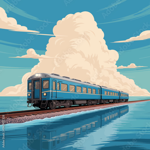 Blue passenger train traveling across an ocean rail bridge under a vast cumulus cloud sky in a serene illustrated style representing calm travel and tranquil journeys