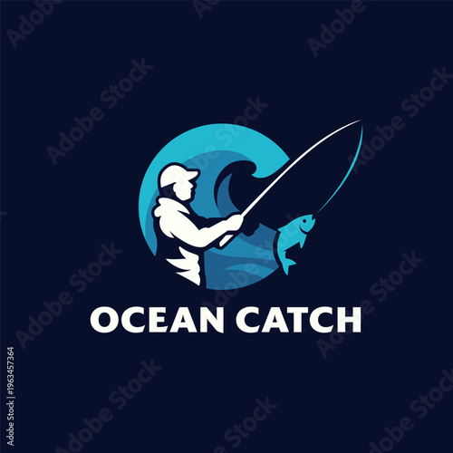 Ocean catch logo of fisherman reeling in a fish, perfect for seafood restaurants, fishing charters, outdoor brands, and marinerelated businesses.