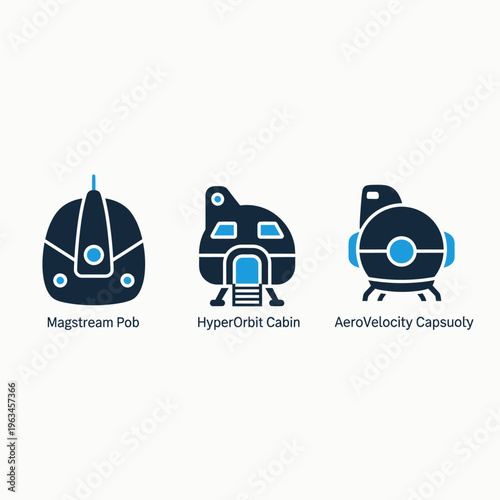 Futuristic spaceship icons: launch pad, habitat module, and interstellar capsule designs, outer space