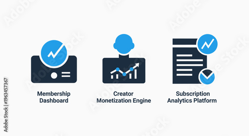 Digital business icons: membership dashboard, creator engine, and subscription analytics
