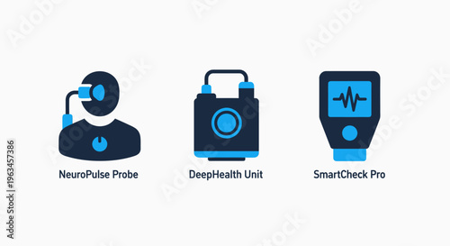 Health monitoring devices icons: neuro pulse, deep health, smart check, vital signs, heart rate, medical device, patient monitoring