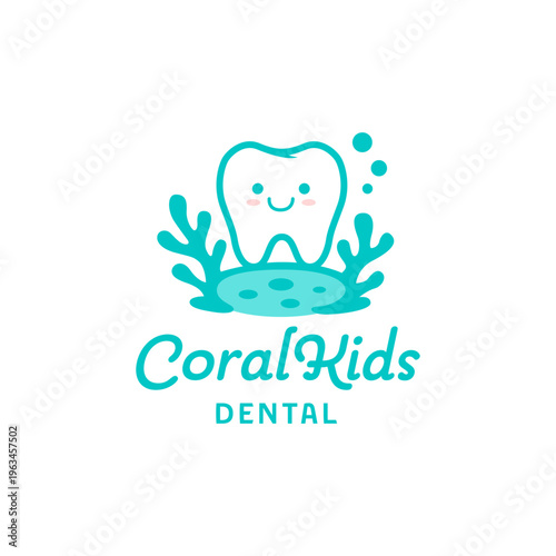 Coral kids dental illustration featuring a cartoon tooth, perfect for pediatric dental clinics, educational materials, childrens oral health resources.