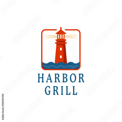 Harbor grill logo featuring a red lighthouse design. Perfect for seafood restaurants, beachfront cafes, coastal catering services, nauticalthemed bistros.