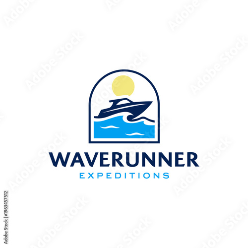 Waverunner expeditions logo with boat, sun, water suitable for water sports businesses, boat tours, marine adventures or outdoor activities logos.
