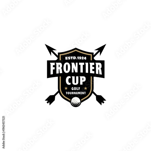 Frontier cup golf tournament logo featuring arrows golf ball suitable for sports events, golf clubs, competitions, athletic brands, and merchandise.