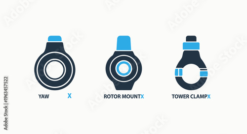 Industrial hardware icons: y-yoke, rotor mount, tower clamp for machinery, engineering, construction, and manufacturing applications