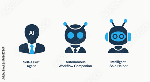 Artificial intelligence icons for AI agent, autonomous workflow companion, and intelligent helper, machine learning
