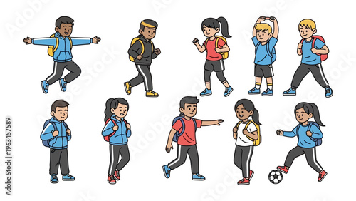 School Day's Ensemble: A colorful illustration presents a group of children, each with a backpack, in various states of activity, depicting the energetic rhythm of a school day