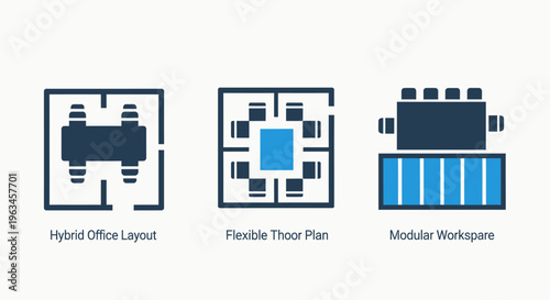 Office and workplace layout icons: floor plan, cubicle arrangement, and meeting room design for modern business space planning and interior design