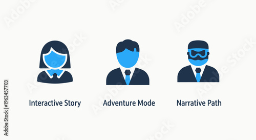 User profile icons: interactive story, adventure mode, and narrative path symbolizing character development, user engagement, and storytelling in games and digital media
