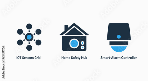 Smart home technology icons: iot network, safety hub, and alarm controller symbols for connected living and security concepts, internet of things