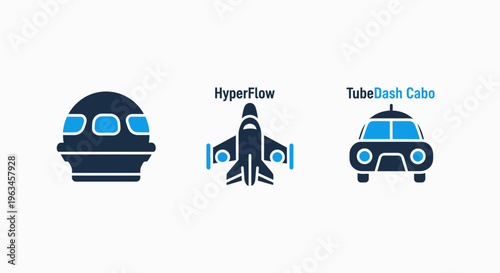 Advanced transport icons: futuristic pod, jet, and car designs symbolizing speed and innovation, sci fi