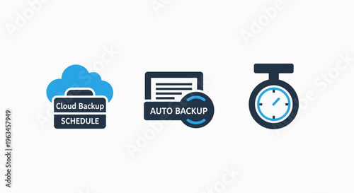 Cloud backup schedule, automated data protection, and digital time management icons for secure storage solutions