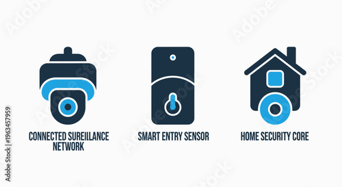 Connected surveillance network, smart entry sensor, and home security system icons for modern protection