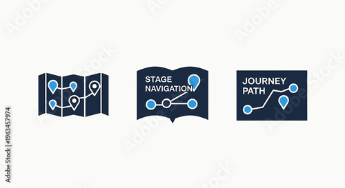 Customer journey path and stage navigation icons depicting maps, processes, and location pins for business strategy planning