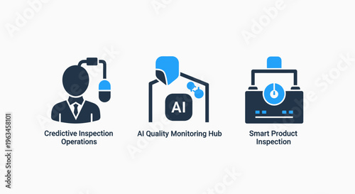 A collection of industrial and AI technology icons for quality control, automated monitoring, and intelligent product inspection systems in factories