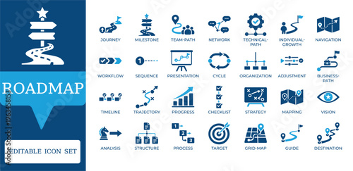 Roadmap and Strategy Planning Icons. Featuring journey milestones, business goals, project timelines, and navigational path symbols. Editable vector set for corporate reports and apps