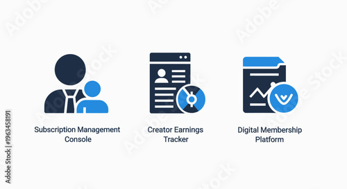 Subscriber management, creator earnings, and digital investment platform icons for modern business and financial technology solutions