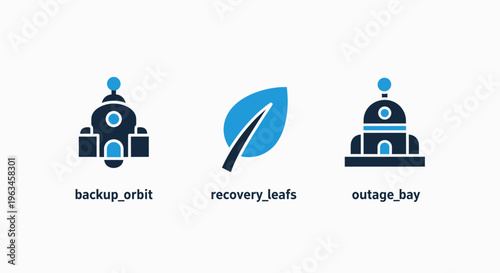 Disaster recovery and data backup icons representing orbital satellites, data restoration, and system outage concepts in blue and gray