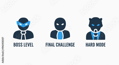 Gaming challenge and difficulty level icons: boss, final challenge, and hard mode concepts