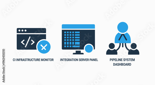 It and software development icons: infrastructure monitoring, integration, and pipeline management