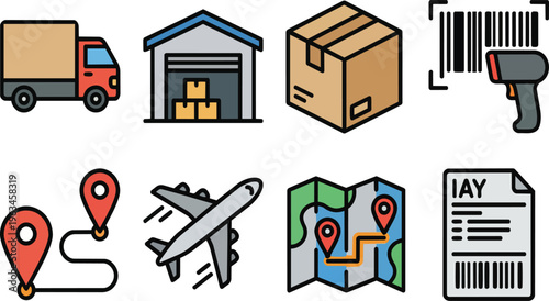 A set of colorful logistics icons on transparent background