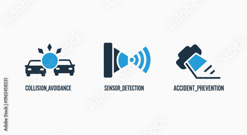 Automotive collision avoidance, sensor detection, and accident prevention system icons for smart car technology