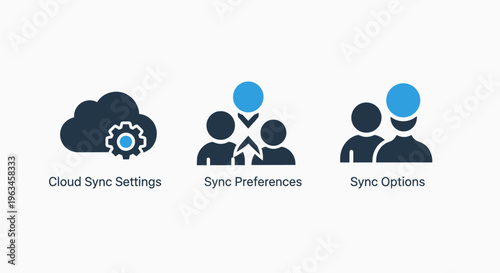 Cloud sync settings and user synchronization preferences icons for data management and collaborative technology solutions