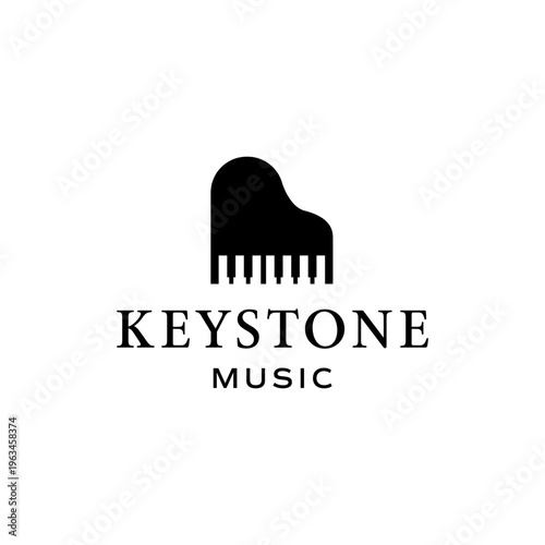 Black piano silhouette with keystone music logo text. Suitable for music schools, piano teachers, and music event promoters. Elegant design.