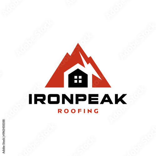 Ironpeak roofing with a house nestled in scenic mountains. Ideal for roofing companies, real estate, construction, and landscape businesses.