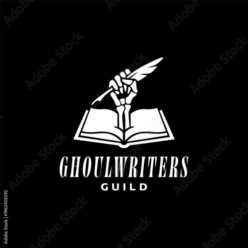 Ghoulwriters guild logo featuring a skeletal hand holding a pen. Perfect for halloweenthemed designs and products.