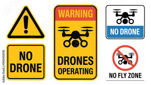 Diverse drone restriction and warning signs for airspace regulations Vector, illustration
