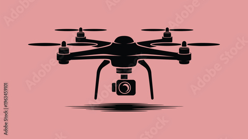 A quadcopter drone with a mounted camera in mid-air depiction Vector, illustration
