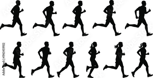 Set of black running man silhouettes, male athlete sprinting motion collection, fitness and jogging exercise figures isolated on white background for sports design, vector