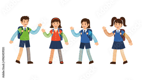School Children Greeting: A friendly group of elementary students, each with a backpack, joyfully wave in a vibrant setting, conveying a sense of unity and anticipation for education.