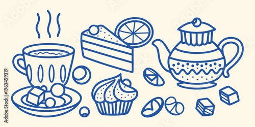 A charming blue line art illustration of tea cake and sweet treats