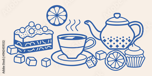 A charming blue line drawing of tea cake and sweet treats