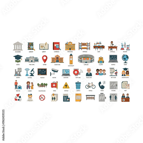 Educational and academic icons set for school learning and research concepts