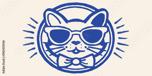 A blue line art illustration of a cool cat wearing sunglasses