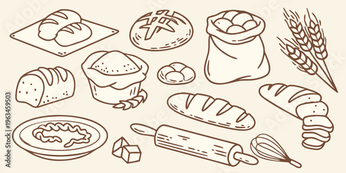 Hand drawn illustration of various breads pastries and wheat stalks