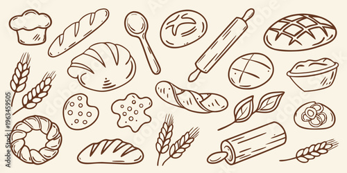 Hand drawn sketch of various baked goods and baking ingredients