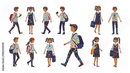 Schoolkids' Patterned Parade: A vibrant collection of schoolkids, each adorned with a unique patterned ensemble, stride with purpose and enthusiasm. Displaying diversity and individuality.