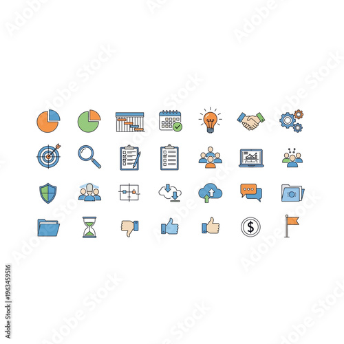 Professional finance and analytics flat icon set for business