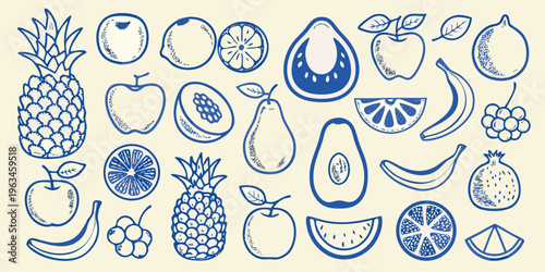 Collection of hand drawn blue line art depicting various fresh fruits