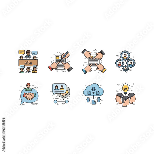 Corporate teamwork and strategic planning icons for business communication